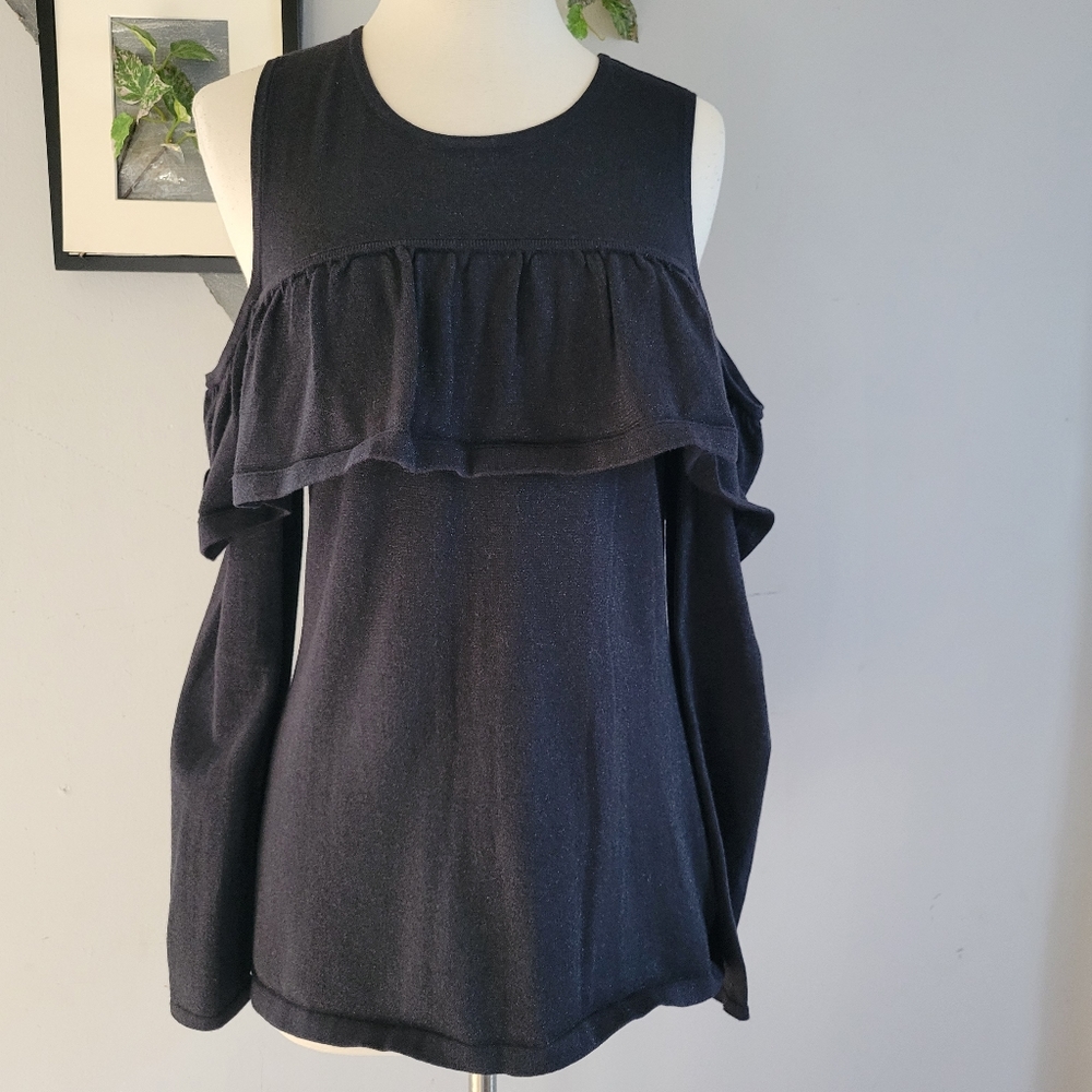 Lilly Pulitzer Burke Onyx Metallic Pullover Cold Shoulder Ruffle Sweater Black M - Picture 2 of 10